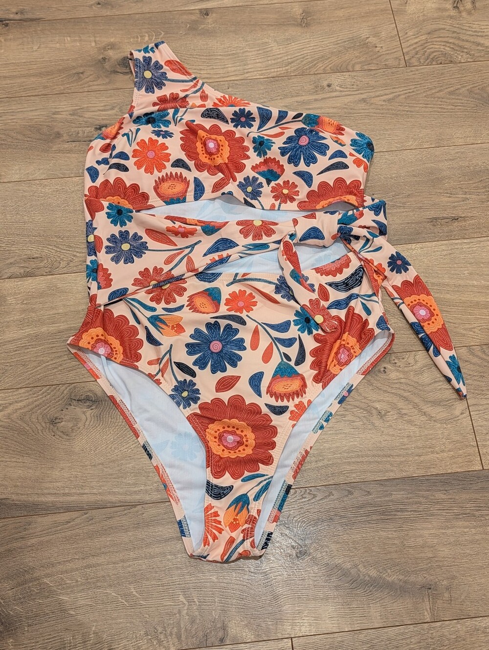 One-Shoulder Floral Swimsuit in Coral & Blue